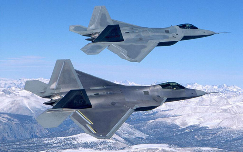 Two Fighter Jets in Flight — Gray, Dramatic