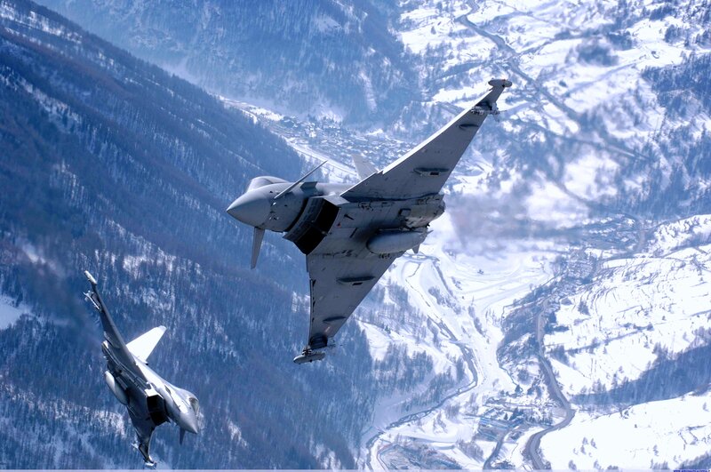 Two Fighter Jets in Flight — Gray, Dramatic, Winter