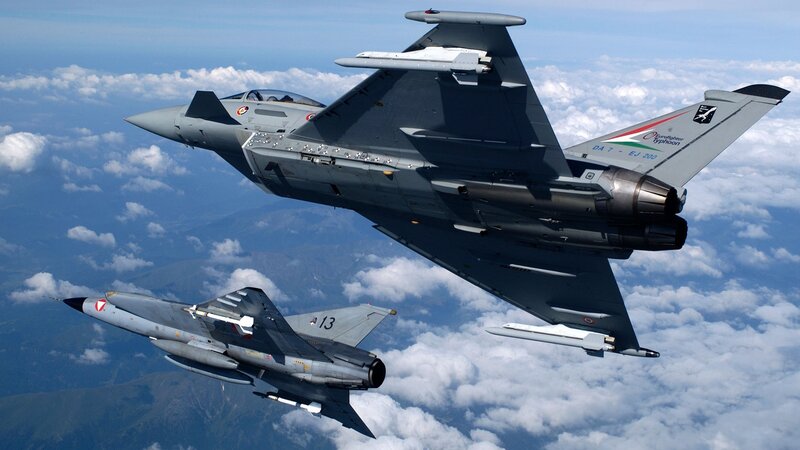 Two Fighter Jets in Flight — Gray, Dynamic, Afternoon, Photograph, Aircraft, Clouds, Mountains