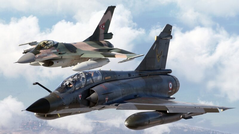 Two Fighter Jets in Flight — Gray, Dynamic, Afternoon, Photograph, Aircraft, Clouds, Sky, Blue, White