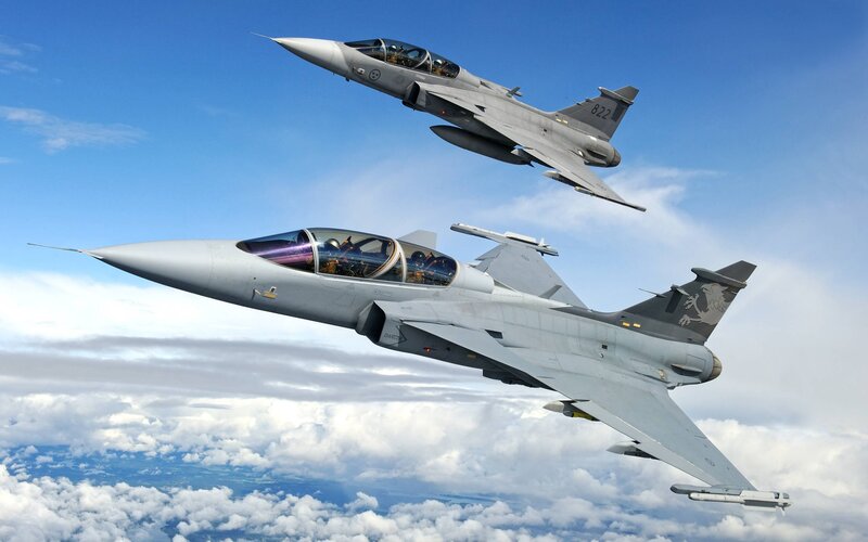 Two Fighter Jets in Flight — Gray, Dynamic, Afternoon, Photograph, Aircraft, Clouds