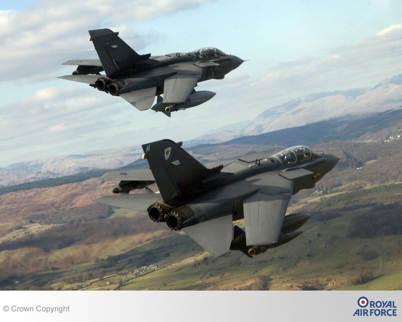 Two Fighter Jets in Flight — Gray, Dynamic, Afternoon, Photograph, Mountains