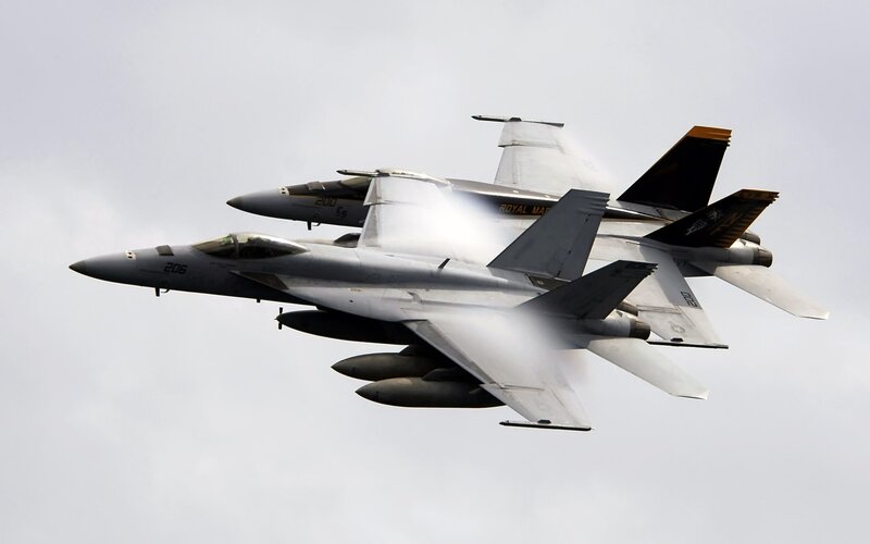 Two Fighter Jets in Flight — Gray, Dynamic, Photograph, Aircraft, Clouds