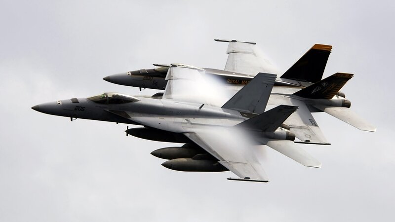 Two Fighter Jets in Flight — Gray, Dynamic, Photograph, Aircraft, Clouds, Wings
