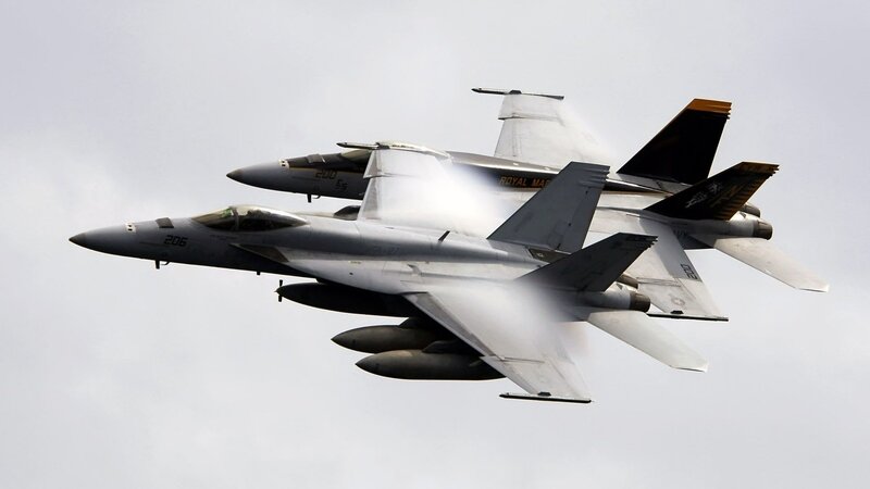 Two Fighter Jets in Flight — Gray, Dynamic, Photograph, Aircraft