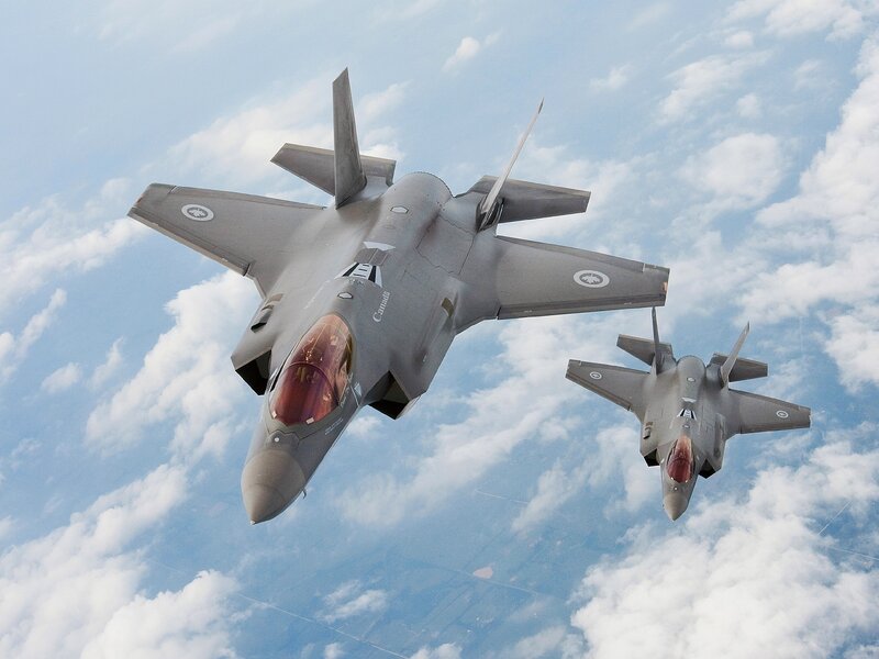 Two Fighter Jets in Flight — Gray, Dynamic, Photograph
