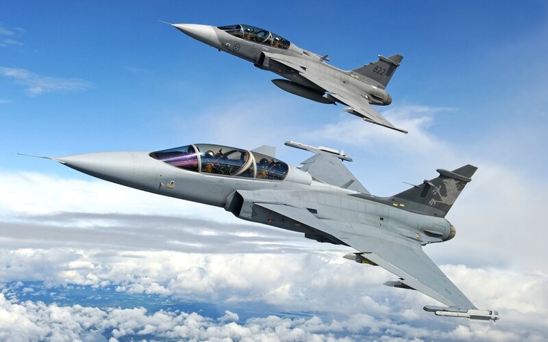 Two Fighter Jets in Flight — Gray, Photograph