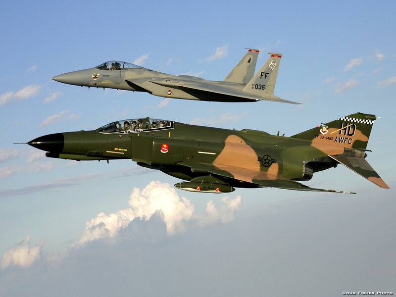 Two Fighter Jets in Flight — Green