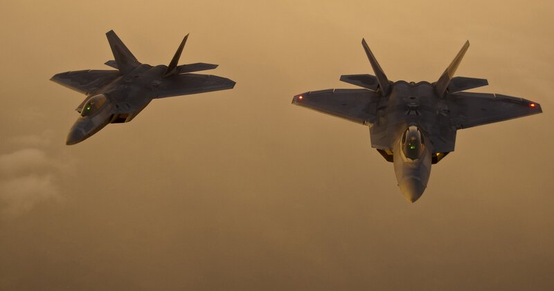 Two Fighter Jets in Flight — Orange, Dramatic, Sunset, Photograph
