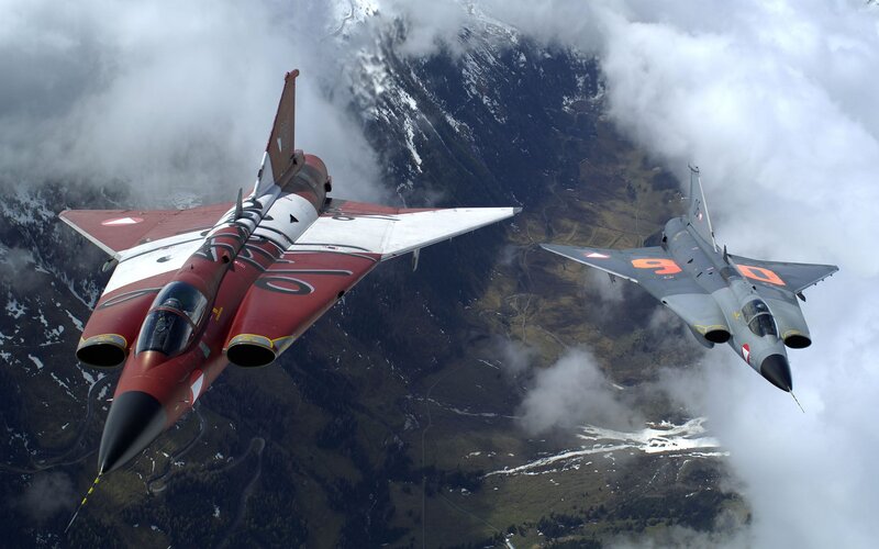 Two Fighter Jets in Flight — Red, Dramatic, Photograph