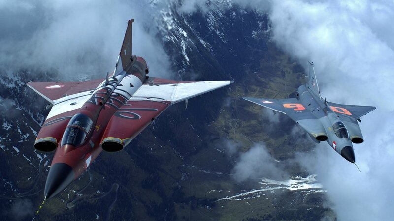 Two Fighter Jets in Flight — Red, Dramatic