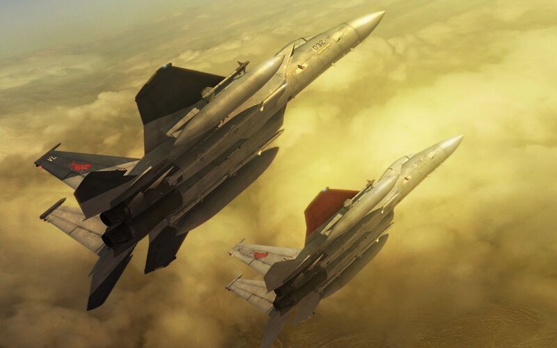 Two Fighter Jets in Flight — Yellow, Dramatic