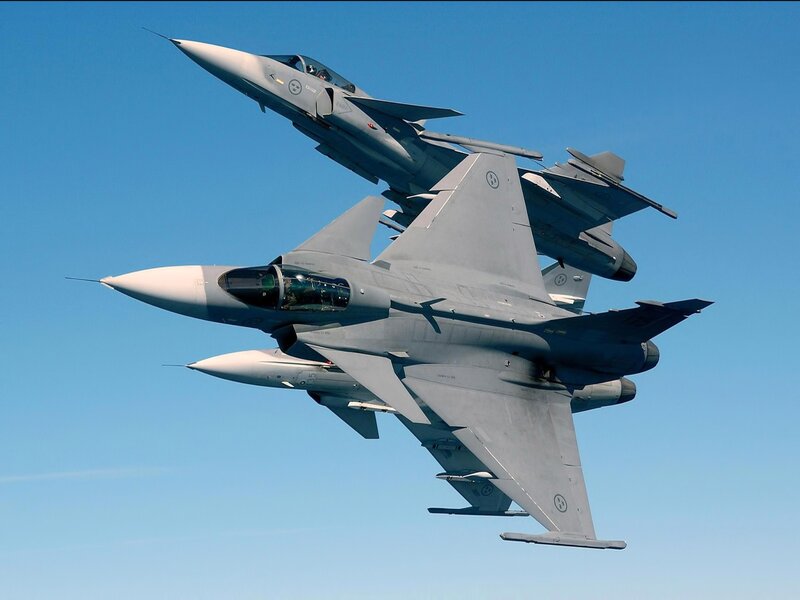 Two fighter jets in formation