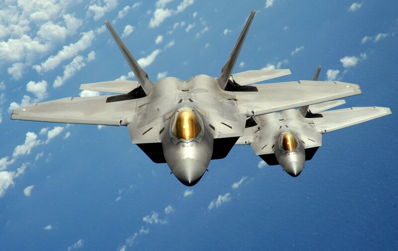 Two Fighter Jets in Formation — Blue, Calm, Afternoon, Photograph, Aircraft, Sky, Clouds, White