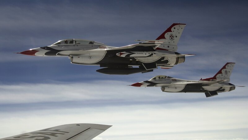Two Fighter Jets in Formation — Blue, Dramatic, Afternoon, Photograph, Aircraft, Sky, Clouds, White