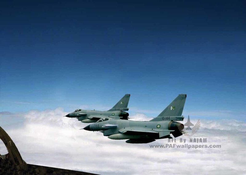 Two Fighter Jets in Formation — Blue, Dramatic, Photograph