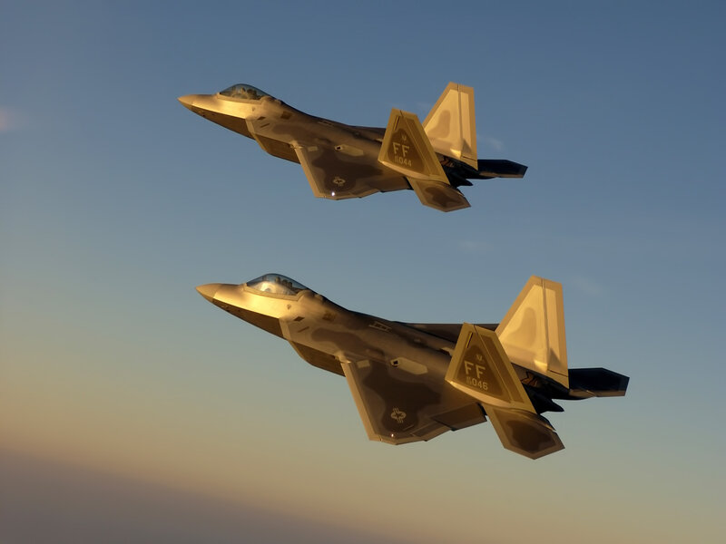 Two Fighter Jets in Formation — Blue, Dramatic, Sunset