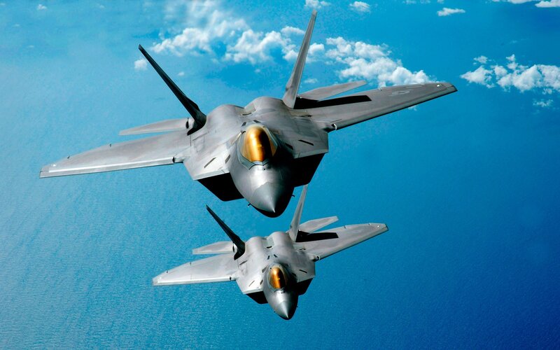 Two Fighter Jets in Formation — Blue, Dynamic, Afternoon, Photograph, Aircraft, Sky, Clouds, Gray, White