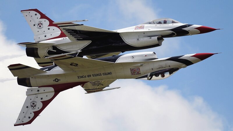 Two Fighter Jets in Formation — Blue, Dynamic, Afternoon, Photograph, Aircraft, Sky, Clouds, Pilot, White