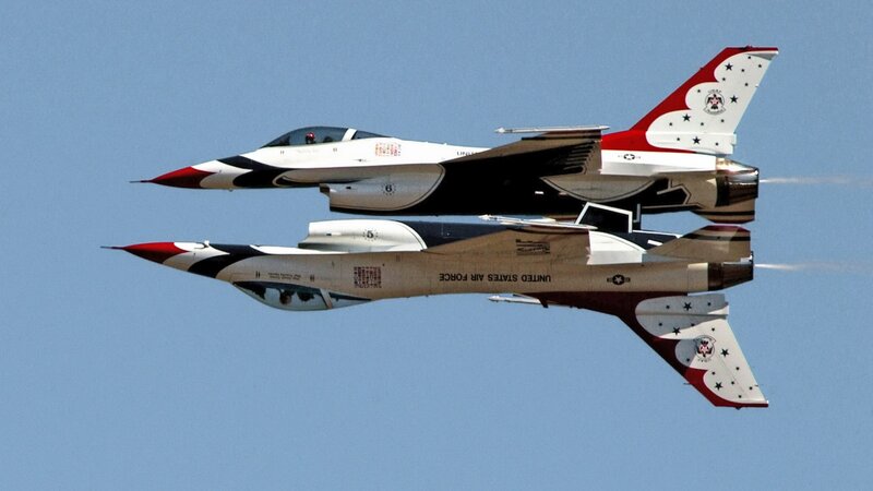Two Fighter Jets in Formation — Blue, Dynamic, Afternoon, Photograph, Aircraft, Sky, Jet Exhaust