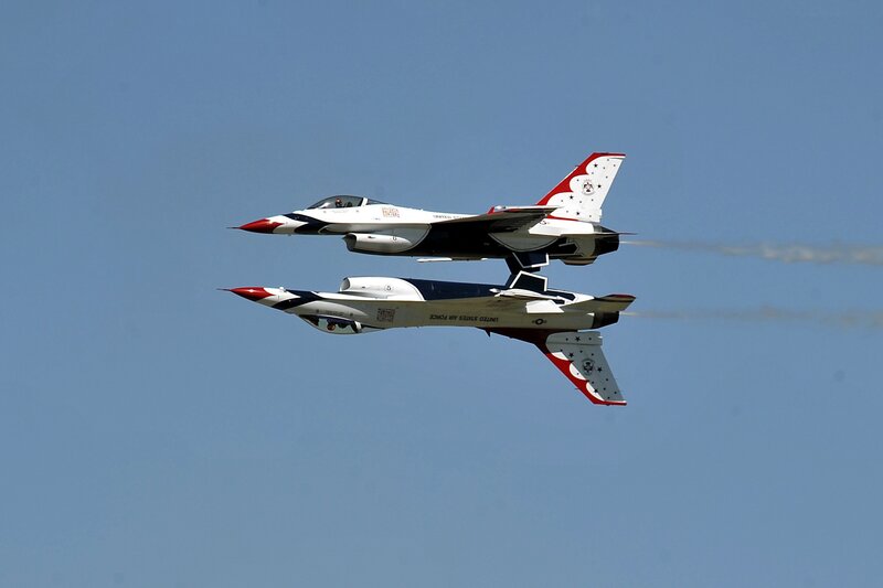 Two Fighter Jets in Formation — Blue, Dynamic, Afternoon, Photograph, Aircraft, Sky, Smoke
