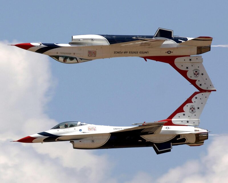 Two Fighter Jets in Formation — Blue, Dynamic, Afternoon, Photograph, Aircraft, Sky
