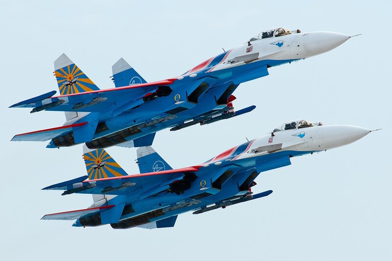 Two Fighter Jets in Formation — Blue, Dynamic, Afternoon, Photograph, Aircraft, Sky, Wings