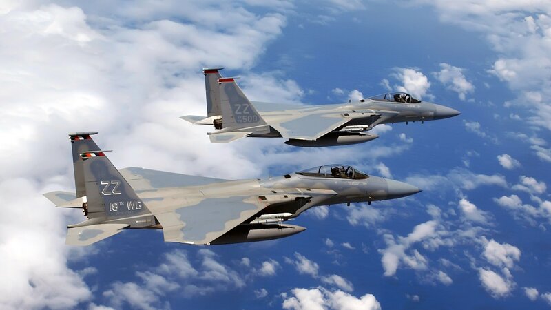 Two Fighter Jets in Formation — Blue, Dynamic, Afternoon, Photograph, Clouds