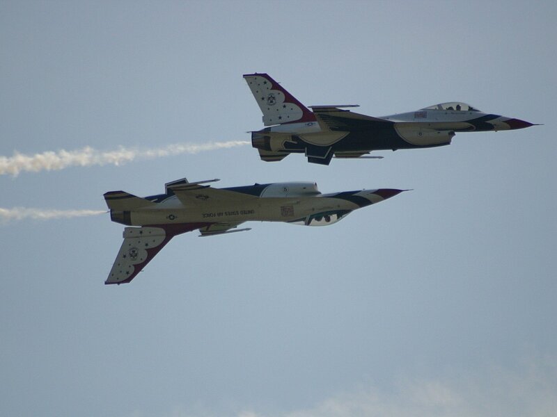 Two Fighter Jets in Formation — Blue, Dynamic, Afternoon, Photograph, Smoke Trails