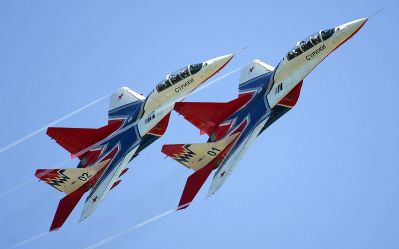 Two Fighter Jets in Formation — Blue, Dynamic, Afternoon, Photograph