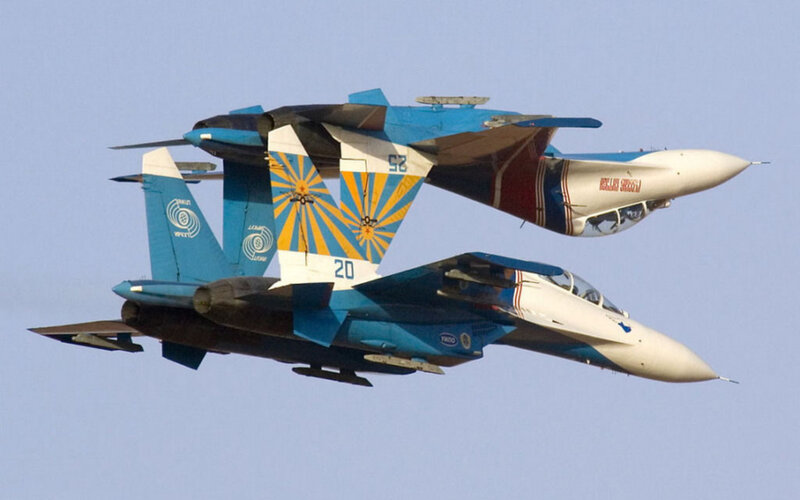 Two Fighter Jets in Formation — Blue, Dynamic, Afternoon