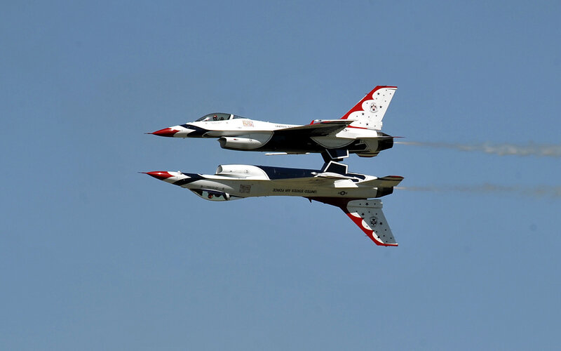 Two Fighter Jets in Formation — Blue, Dynamic