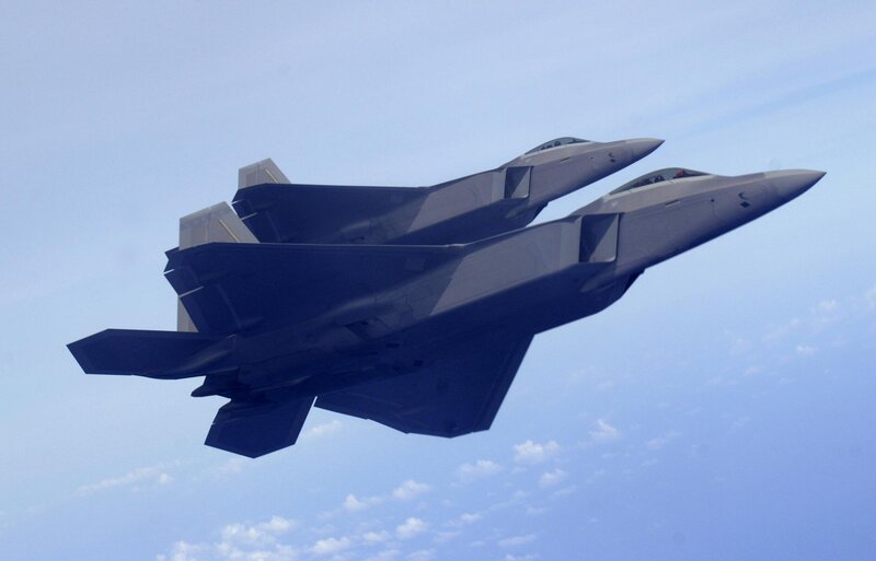 Two Fighter Jets in Formation — Blue, Sky