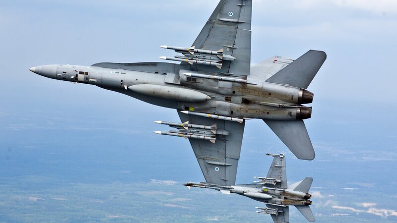 Two Fighter Jets in Formation — Gray, Aerial