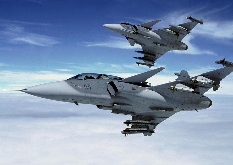 Two Fighter Jets in Formation — Gray, Dramatic, Afternoon, Photograph, Aircraft, Clouds, Sky