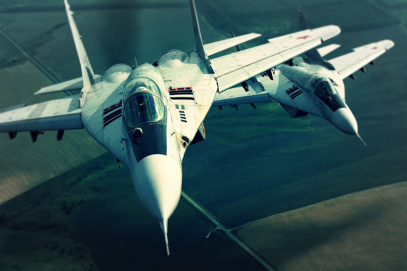 Two Fighter Jets in Formation — Gray, Dramatic, Afternoon