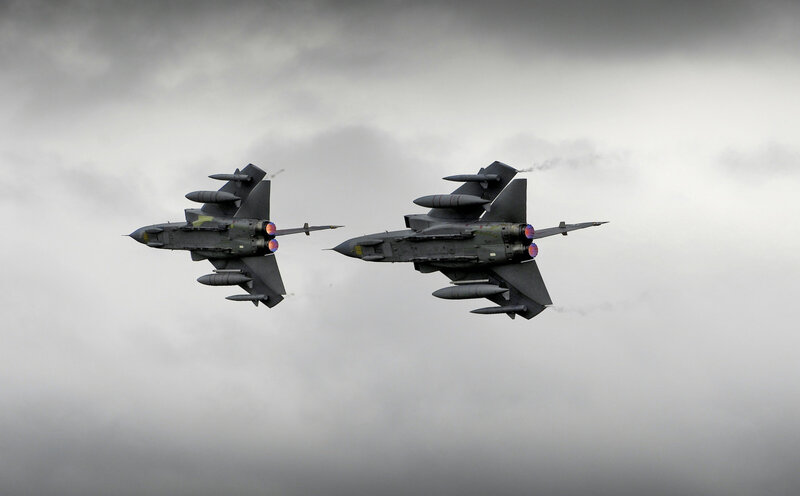 Two Fighter Jets in Formation — Gray, Dramatic, Photograph, Aircraft