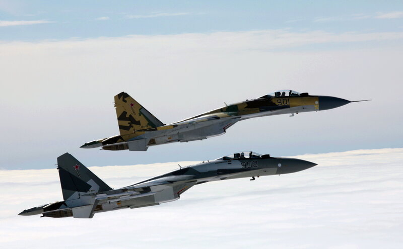 Two Fighter Jets in Formation — Gray, Dramatic