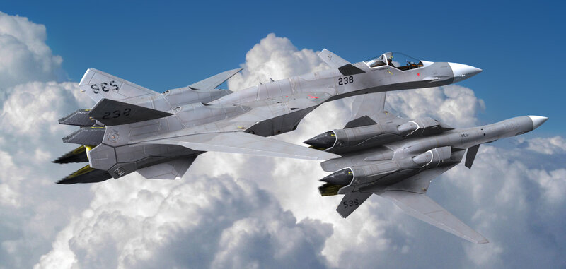 Two Fighter Jets in Formation — Gray, Dynamic, Afternoon, 3d Render, Clouds