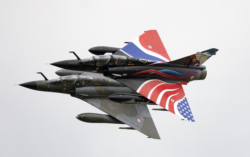 Two Fighter Jets in Formation — Gray, Dynamic, Photograph, Aircraft, Sky