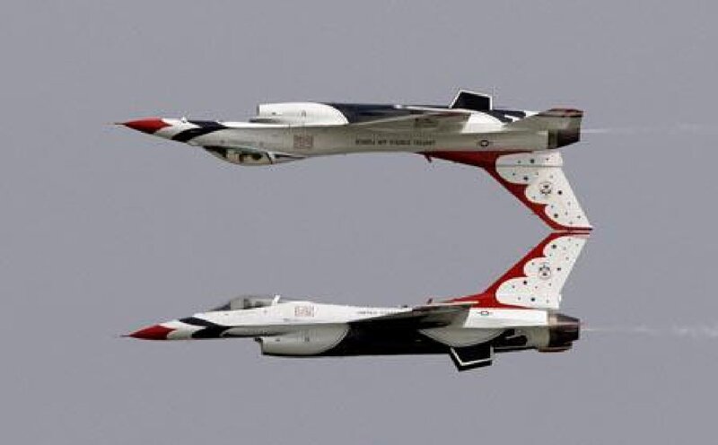 Two Fighter Jets in Formation — Gray, Dynamic