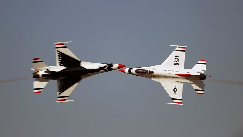 Two Fighter Jets in Formation — White, Dynamic, Afternoon