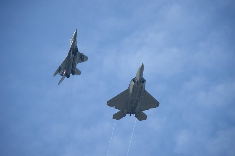 Two Fighter Jets in Sky — Blue, Dynamic