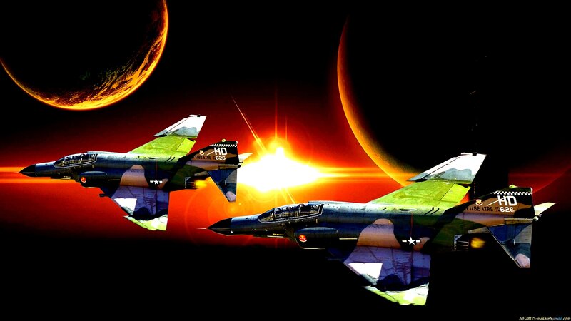 Two Fighter Jets in Space — Black