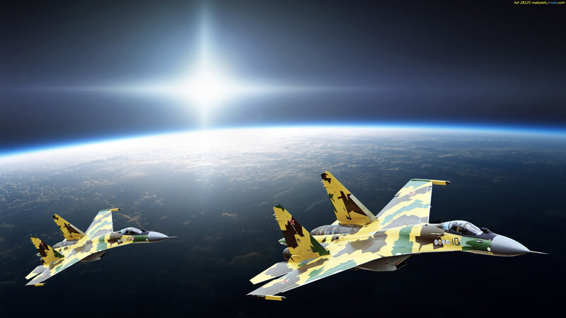 Two Fighter Jets in Space — Yellow