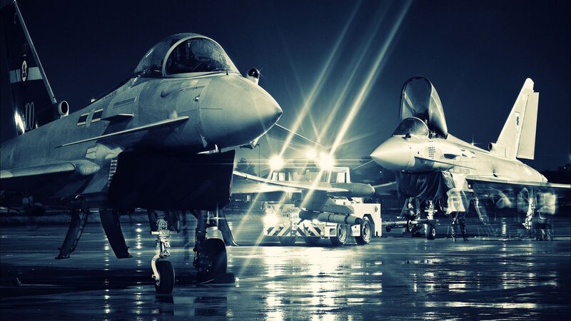 Two Fighter Jets on Tarmac — Black, Dramatic, Night