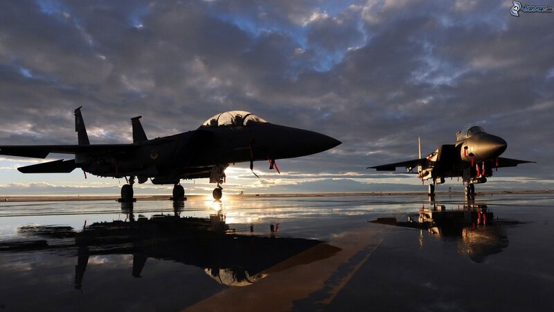 Two Fighter Jets on Tarmac — Blue