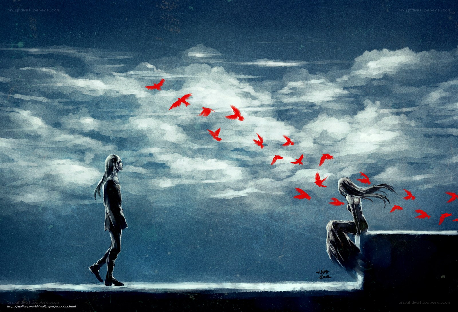 Two figures and red birds