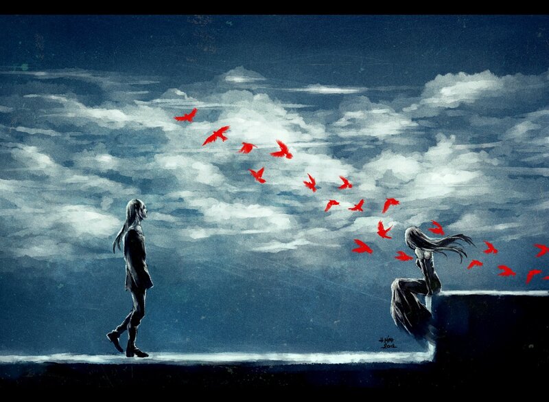 Two figures and red birds
