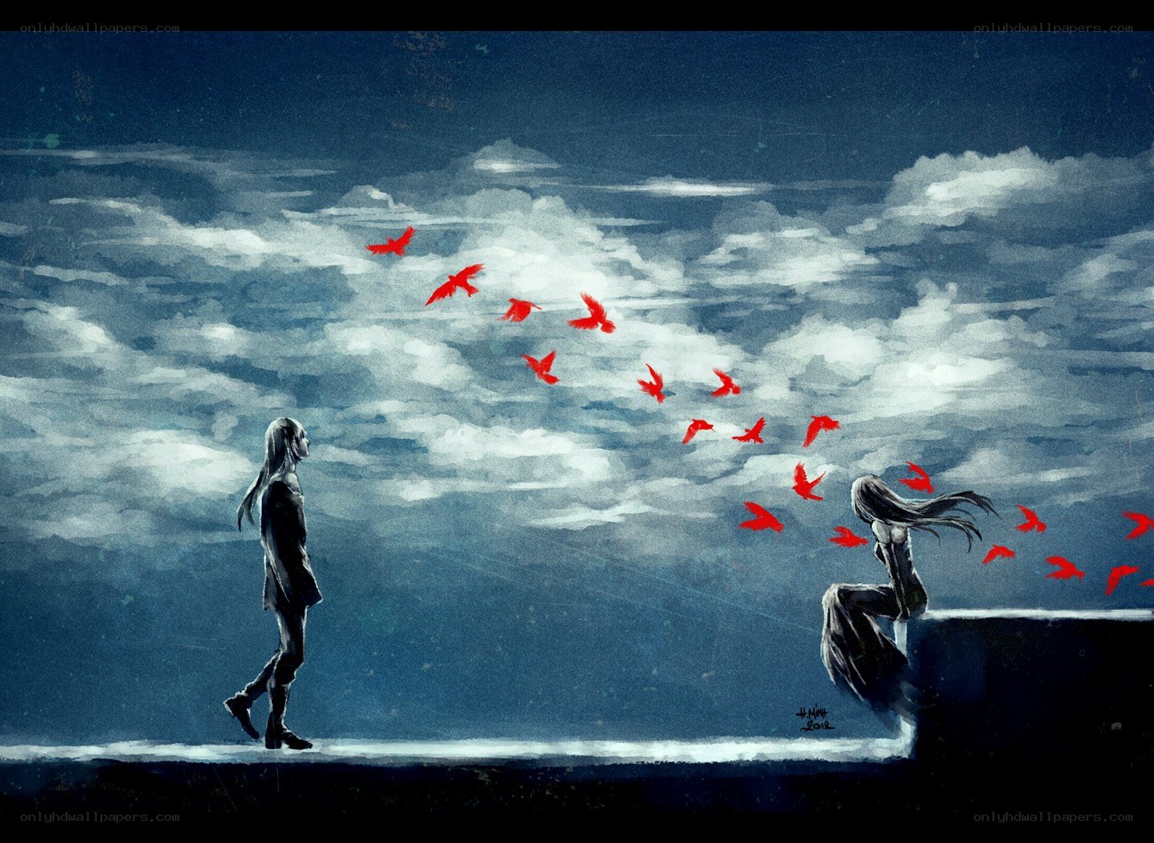 Two figures and red birds